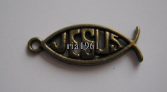 bedeltje/charm vis:ichtus visje jesus brons - 26x10 mm - 1