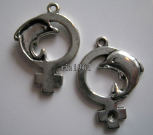 bedeltje/charm vis:dolfijn+vrouwsymbool - 39x21 mm(nog 1 st.) - nr. 1