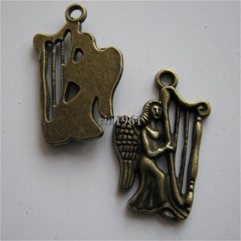 bedeltje/charm kerst: engel met harp brons - 23x14 mm - 1