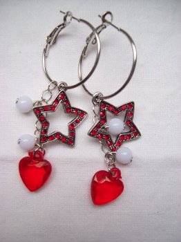 mooie oorbellen met ster en hartje rood ringen tibetzilver met schitterende kerstster - 1