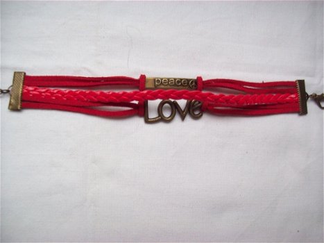 ibiza armband rood met love en peace brons hipppiemarkt - 1