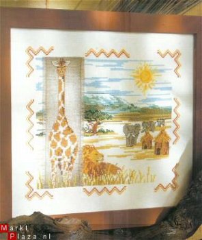 borduurpatroon 3006 schilderij met leeuw,olifanten,giraffe - 1