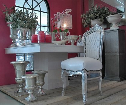 Barok stoelen romantica zilver verguld bekleed met wit leder look - 1