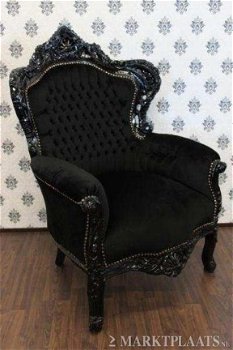 Barok tronen rome chique zwart gelakt bekleed met zwarte stof - 5