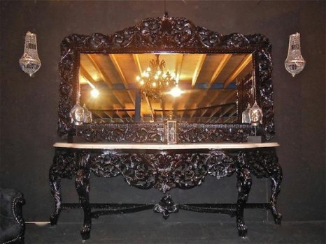 Barok console met spiegel goud verguld zwart blad - 4