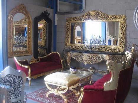 Barok console met spiegel goud verguld zwart blad - 7