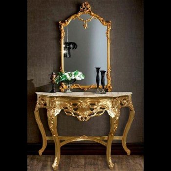 Barok console met spiegel goud verguld zwart blad - 8