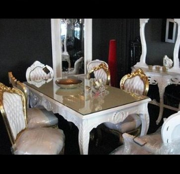 Barok eetkamerset Romantica goud verguld eetkamer tafel 6 stoelen incl glasplaat - 1