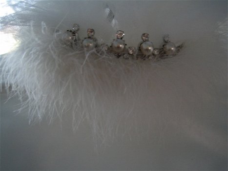 #181 Sneeuwwitte sluier met parel tiara en maraboeveertjes. - 3