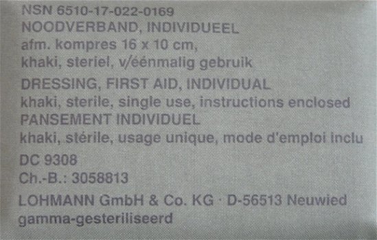Verband Pakje, Nood, 16x10cm, Koninklijke Landmacht, 1993.(Nr.2) - 1
