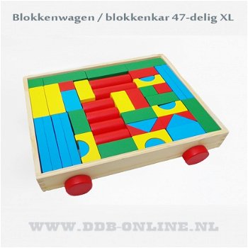 Blokkenwagen - blokkenkar hout bouw blokken 47 delig XL - 1