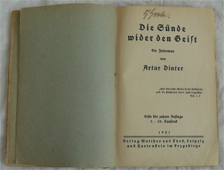 Boek, Die Sünde wider den Geist, Artur Dinter, 1921. - 2
