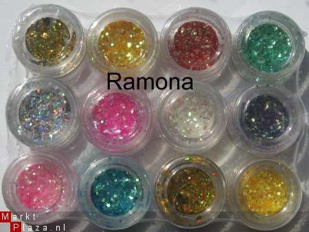 12 potjes Middel Glitter Acryl / Gel nail art - 1