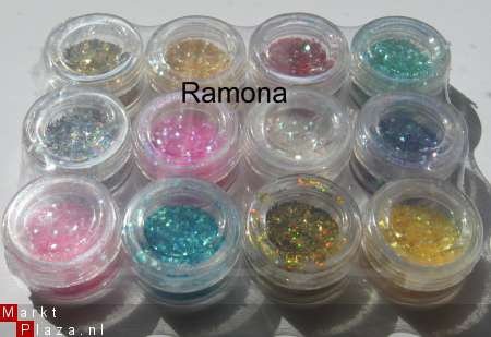 12 potjes Middel Glitter Acryl / Gel nail art - 1