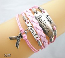 infinity armbandje 5-delig - lila: faith,hope,believe,cancer - 16 t/m 20 cm