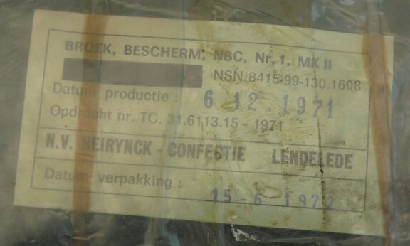 Broek, Bescherm, NBC, type: No.1 MK II, KL, maat: M, 1971.(Nr.1) - 2