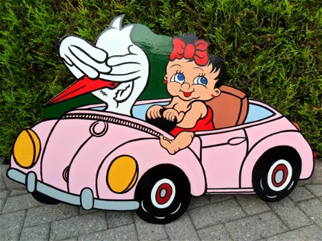 Nieuw geboortebord baby meisje met ooievaar in auto - 1