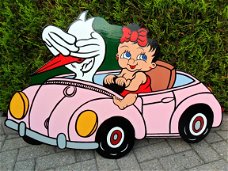 Nieuw geboortebord baby meisje met ooievaar in auto