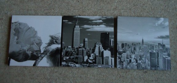 Vier afbeeldingen op canvasdoek (20 x 20 cm en 25 x 25 cm). - 5