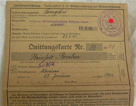 Rekeningkaart / Quittungskarte, Invalidenverzekering / Invalidenversicherung, Saargebiet, 1942. - 1