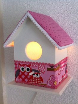 Vogelhuisje met lampje in roze met uiltjes - 2