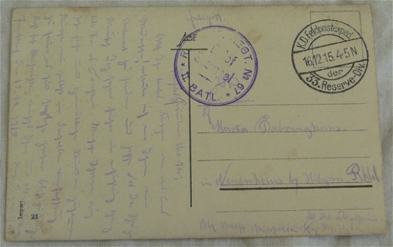 Postkaart / Postkarte, Veldpost / Feldpost, Reserve-Infanterie-Regiment Nr.67 / II. Batl., 1915. - 2
