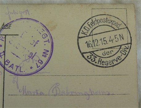 Postkaart / Postkarte, Veldpost / Feldpost, Reserve-Infanterie-Regiment Nr.67 / II. Batl., 1915. - 3