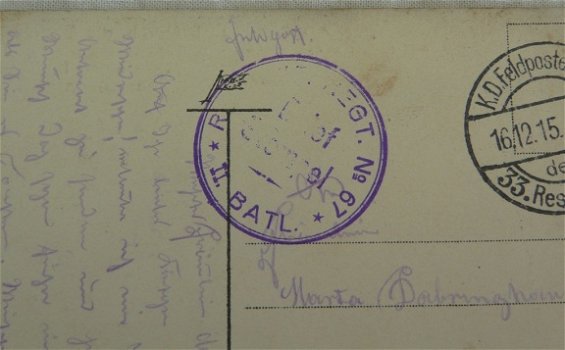Postkaart / Postkarte, Veldpost / Feldpost, Reserve-Infanterie-Regiment Nr.67 / II. Batl., 1915. - 4