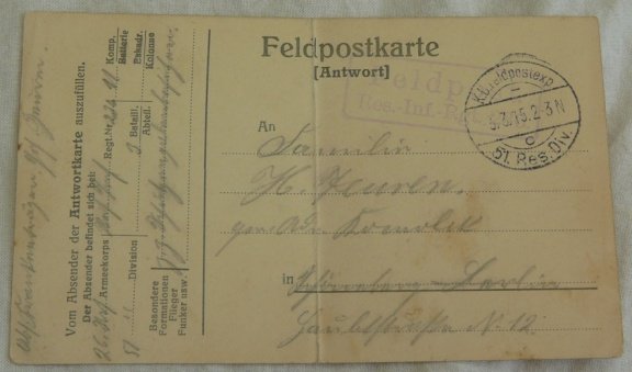 Postkaart / Postkarte, Veldpost / Feldpost, Res.-Inf.-Regt.236, 1915. - 1