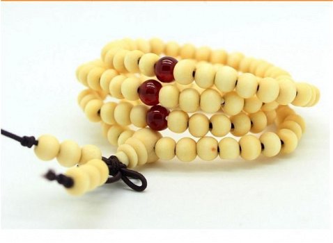 mala bidsnoer wikkelarmband ketting boeddha wit hout met edelstenen tussen kralen bruin rood - 1