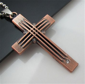 design kruisje cross hanger bruin rood koper met swarovski kristal rvs ophangoog - 1