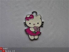 Geëmailleerde bedel - Hello Kitty met bloemetjes (fuchsia)