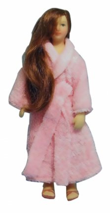 porseleinen popje 14 cm vrouw in badjas met lang haar - nr. 1