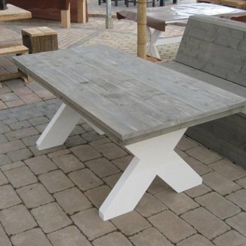 Kruispoot Tafel, wit en steigerhout - 4