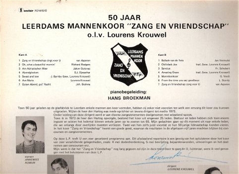 Leerdam Mannenkoor ZANG EN VRIENDSCHAP olv Lourens Krouwel - 50 jaar- vinyl LP - 2