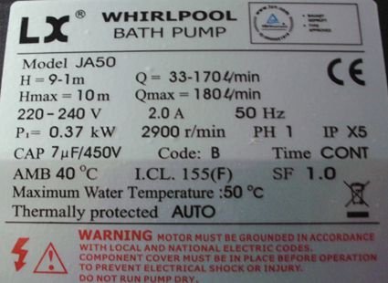LX WHIRLPOOL BATH PUMP Model JA50, 0,37 kW. - 2