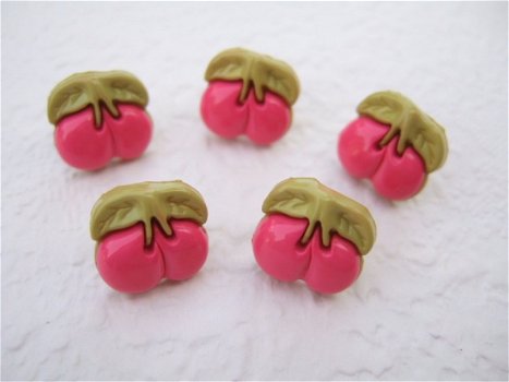 Kersen knoopje ~ 13 mm ~ Fuchsia roze / groen - 1