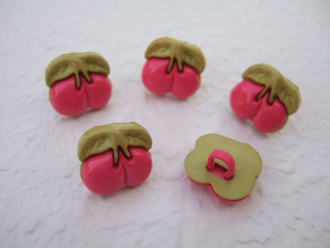 Kersen knoopje ~ 13 mm ~ Fuchsia roze / groen - 2