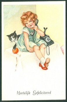 HARTELIJK GEFELICITEERD Meisje met telefoon en spelende kat - 1