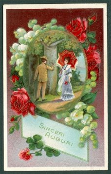 VERLOVING Oprechte gelukwensen (Sinceri Auguri) reliëfkaart (Mantgum 1912)