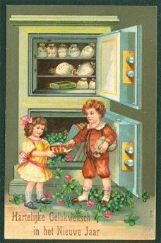 KERST Kinderen bij geldkluis, reliëfkaart (Leeuwarden 1909)