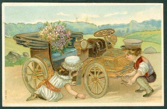 KIND Jongen en meisje bij auto, reliëfkaart (Leeuwarden & Roordahuizum 1903) - 1