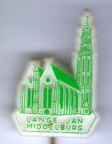 Lange Jan Middelburg groen op wit plastic kerken speldje ( BOEK 1 NR_105 )