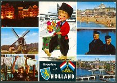 NL HOLLAND Groeten uit, Amsterdamse grachten klederdracht Scheveningse pier en molen