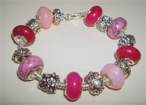 Pandora Style armband met edelsteenbedels in roze-fuchsia - 1