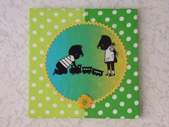 ** Stoffen Jip & Janneke schilderijtje (groen/geel) - nr. 1