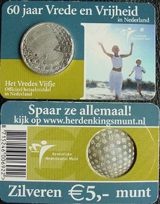 Vredesvijfje 5 euro 2005 zilver in coincard