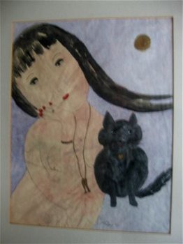 Nelly van den Berg 1932-1985 - Aquarel vrouw met poes - 2