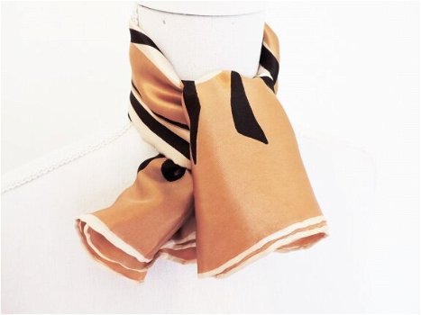 Sjaal, vierkant, zijde, jaren 50-60 , beige zwart patroon - 1