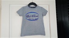 We grijs zomershirt korte mouw met paars blauwe print maat 122/128